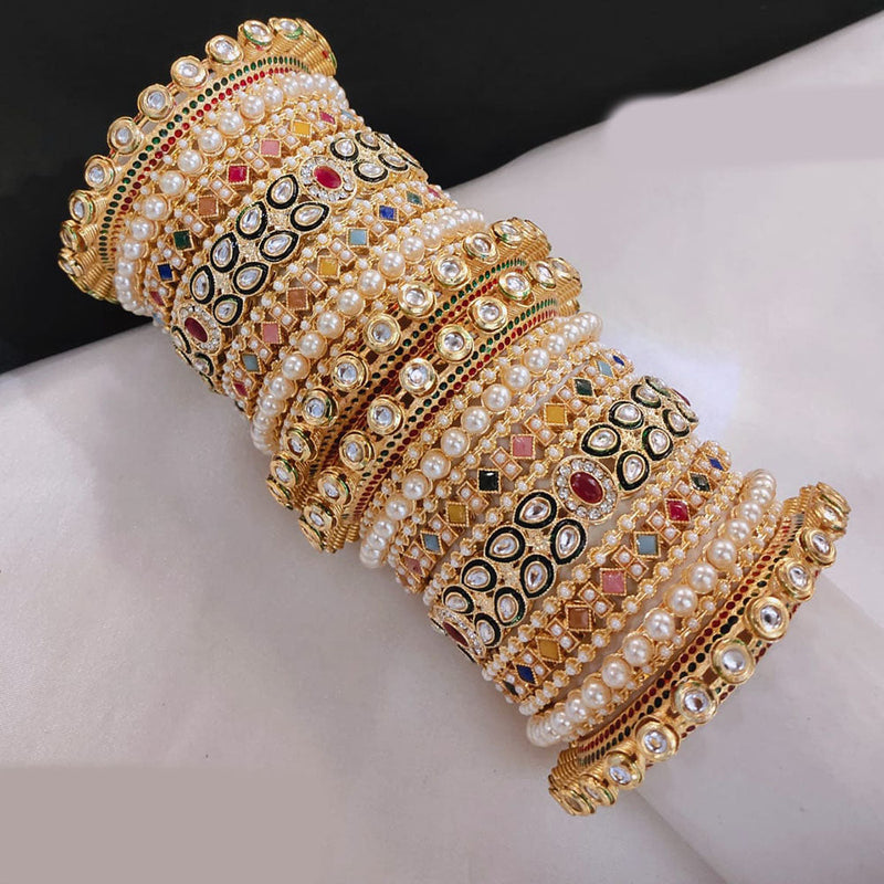 Lucentarts Jewellery Gold Plated Crystal Stone And Pearls Bangles Set