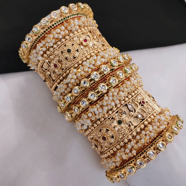 Lucentarts Jewellery Gold Plated Pota Stone And Pearls Openable Bangles Set