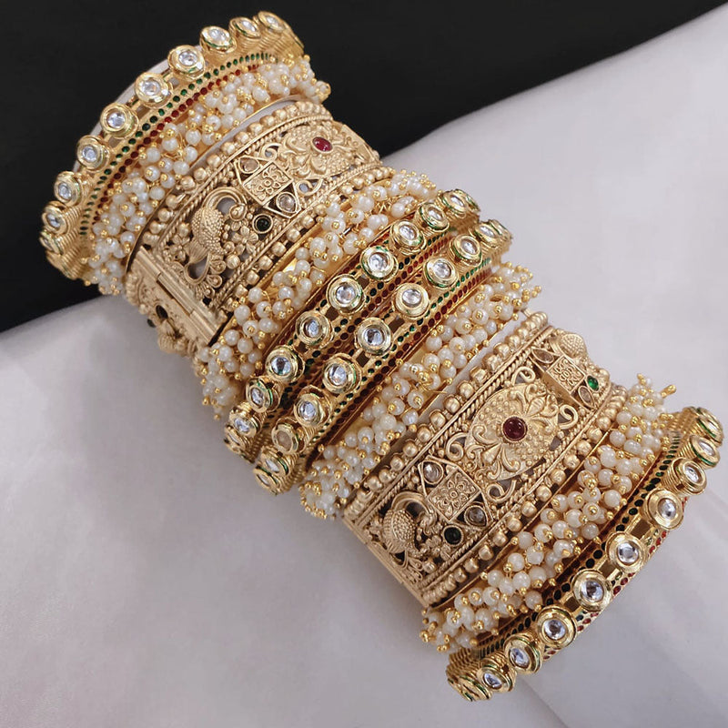 Lucentarts Jewellery Gold Plated Pota Stone And Pearls Openable Bangles Set