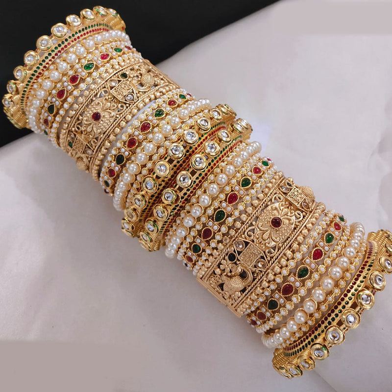 Lucentarts Jewellery Gold Plated Pota Stone And Pearls Openable Bangles Set