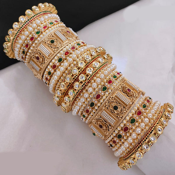 Lucentarts Jewellery Gold Plated Pota Stone And Pearls Openable Bangles Set