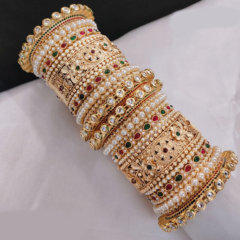 Lucentarts Jewellery Gold Plated Pota Stone And Pearls Openable Bangles Set