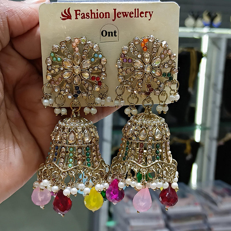 Lucentarts Jewellery Gold Plated Crystal Stone And Pearl Jhumki Earrings