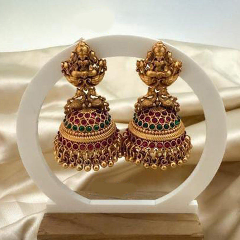 Lucentarts Jewellery Gold Plated Pota Stone Temple Jhumki Earrings