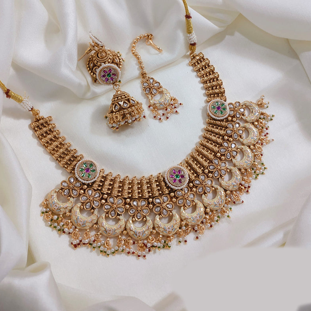 Lucentarts Gold Plated Pota Stone And Pearl Meenakari Necklace Set