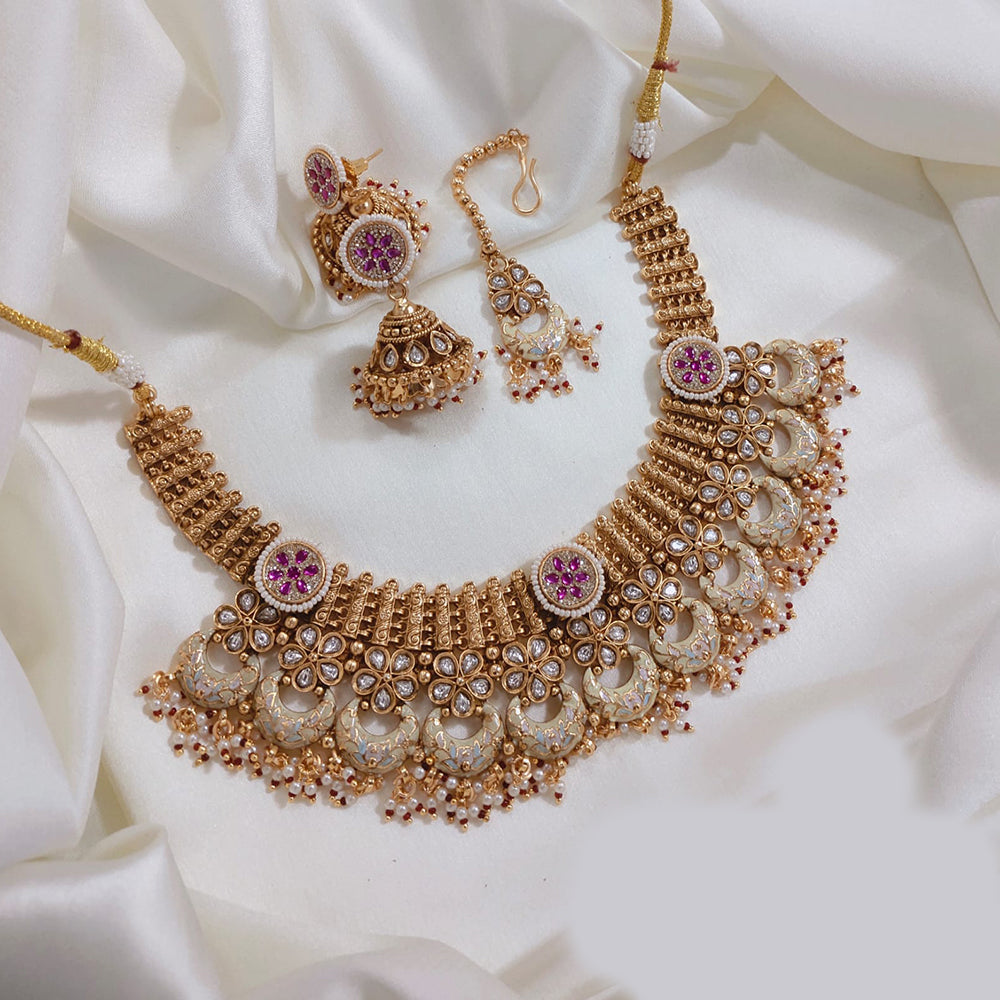 Lucentarts Gold Plated Pota Stone And Pearl Meenakari Necklace Set