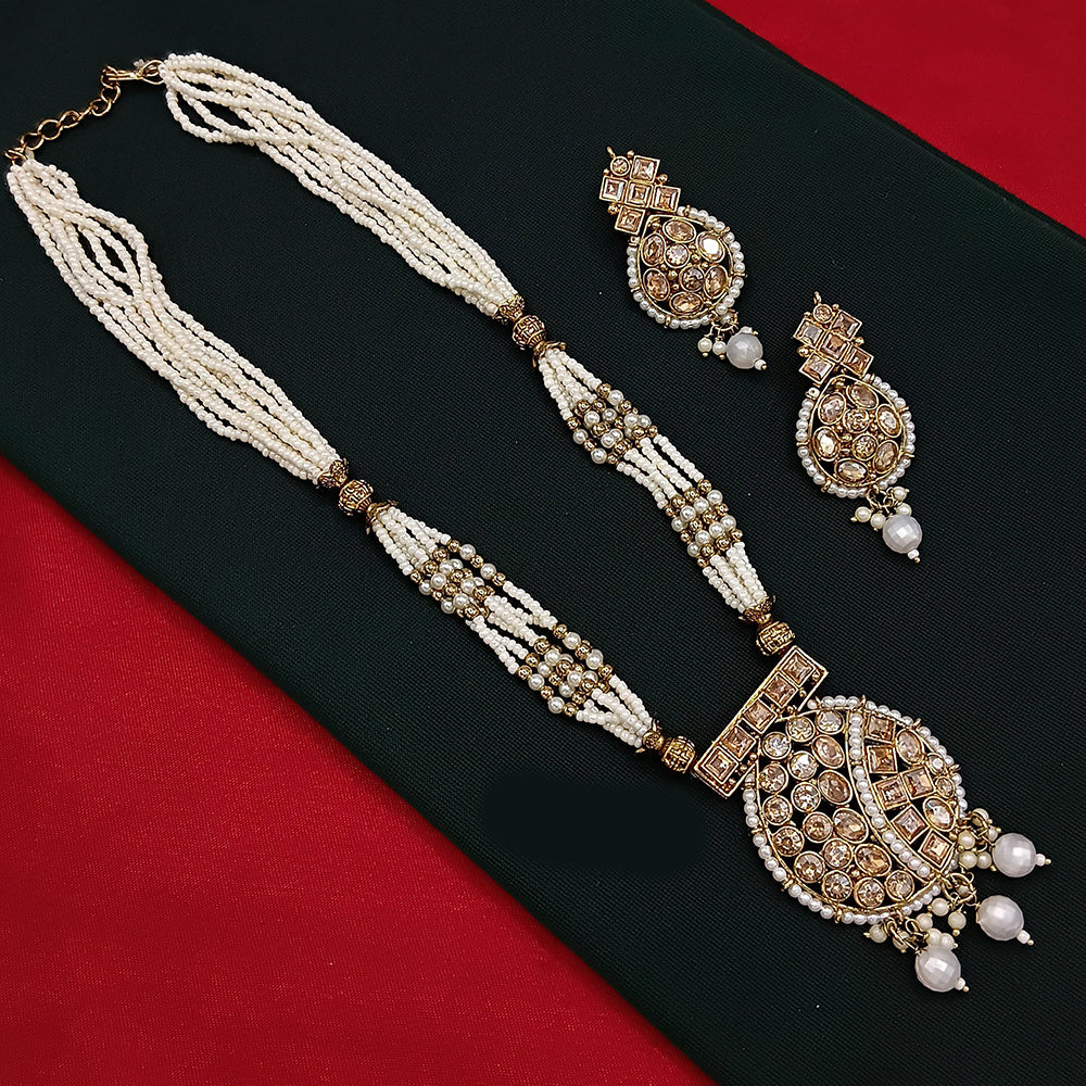 Lucentarts Jewellery Gold Plated Crystal and Pearls Long Necklace Set for Women