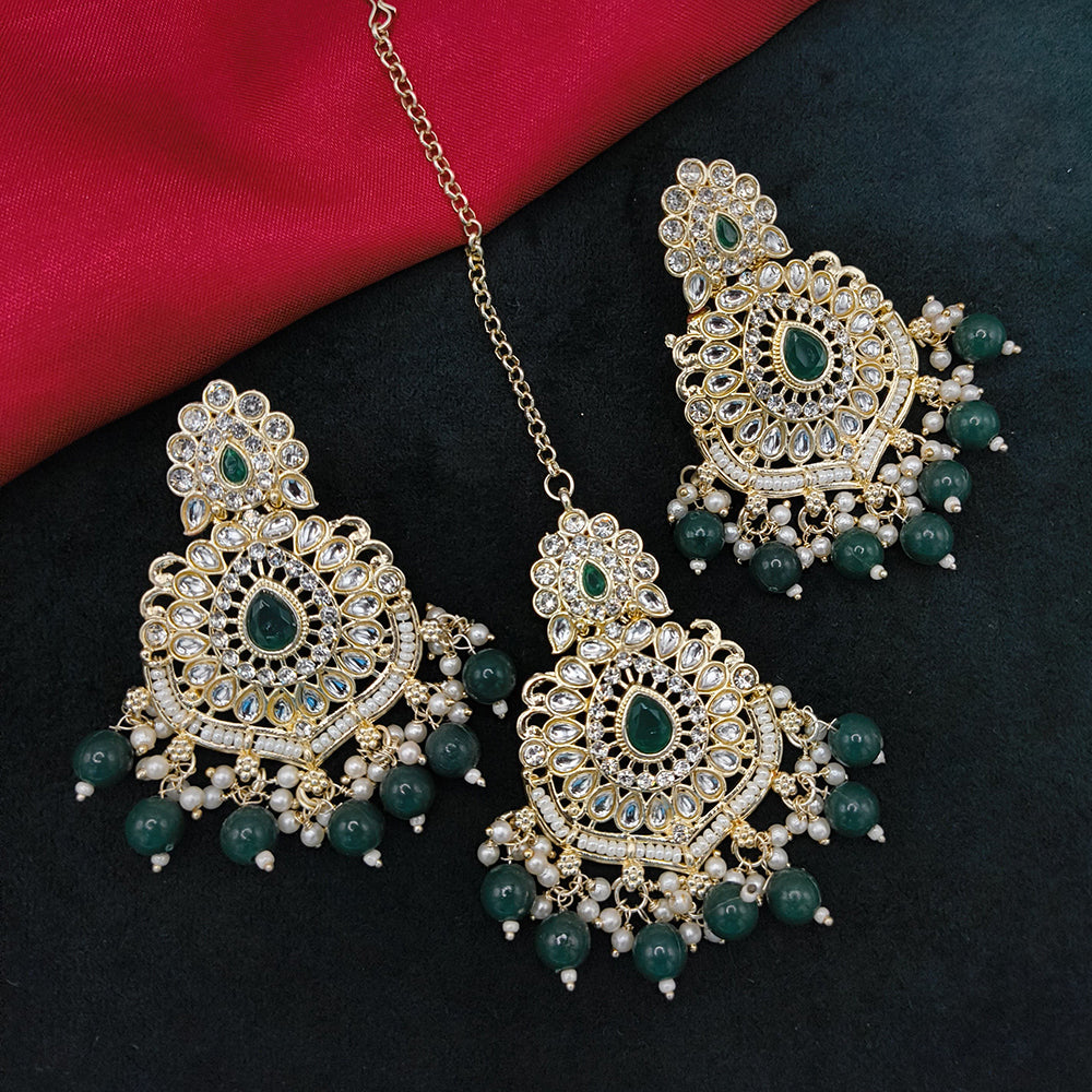 Lucentarts Jewellery Gold Plated Kundan Stone And Beads Dangler Earrings With Maangtikka