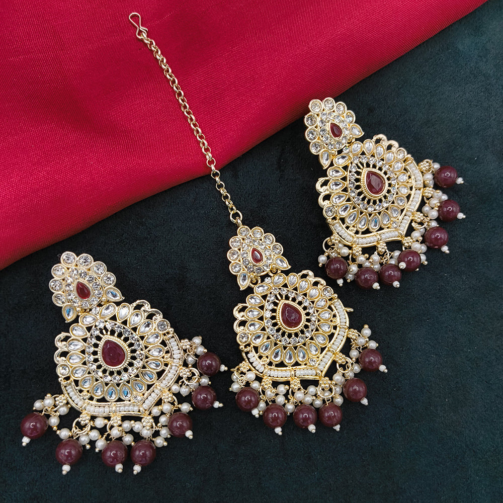 Lucentarts Jewellery Gold Plated Kundan Stone And Beads Dangler Earrings With Maangtikka