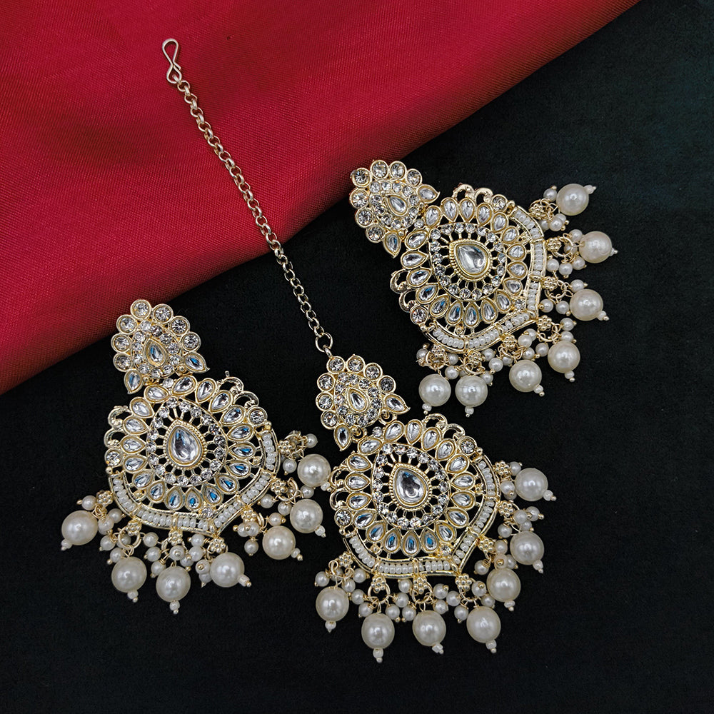 Lucentarts Jewellery Gold Plated Kundan Stone And Beads Dangler Earrings With Maangtikka