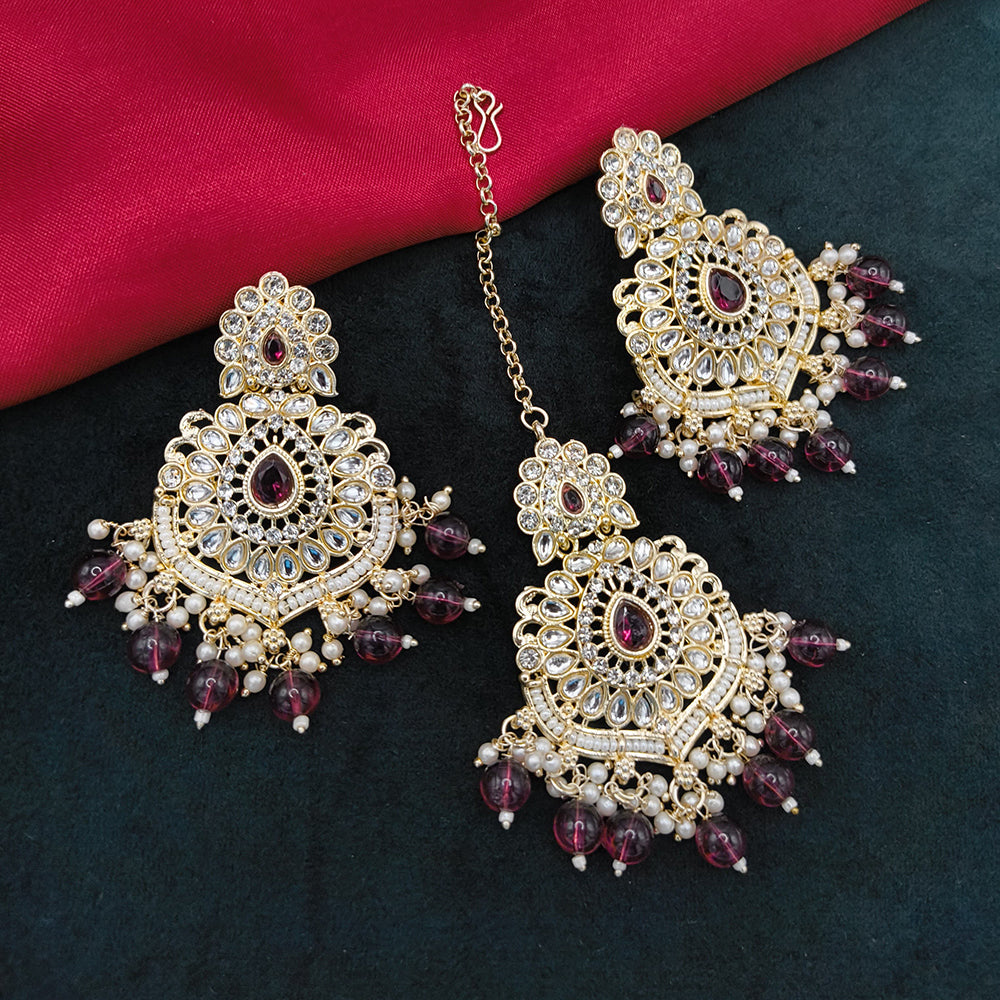 Lucentarts Jewellery Gold Plated Kundan Stone And Beads Dangler Earrings With Maangtikka
