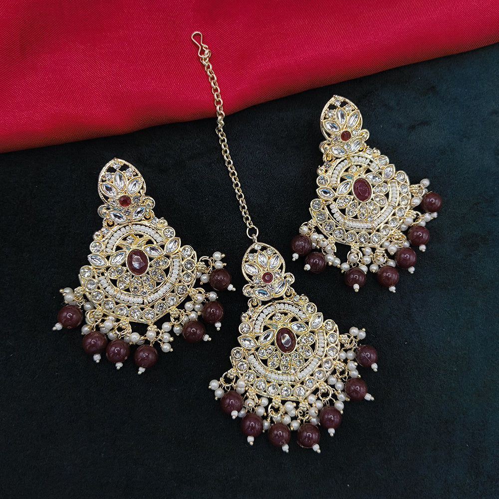 Lucentarts Jewellery Gold Plated Kundan Stone And Beads Dangler Earrings With Maangtikka