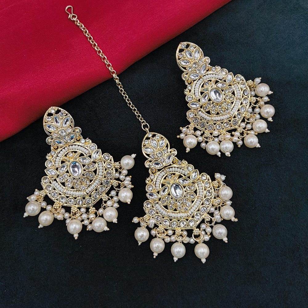 Lucentarts Jewellery Gold Plated Kundan Stone And Beads Dangler Earrings With Maangtikka