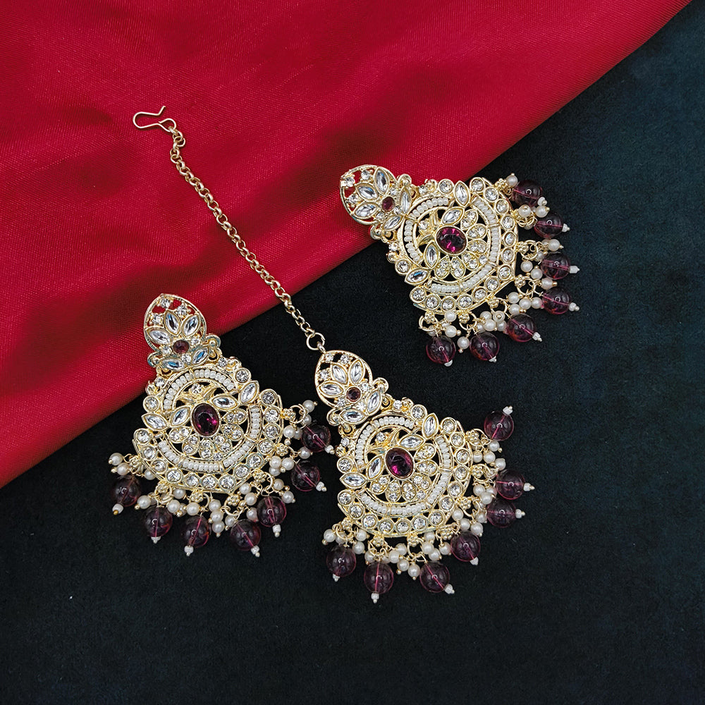 Lucentarts Jewellery Gold Plated Kundan Stone And Beads Dangler Earrings With Maangtikka
