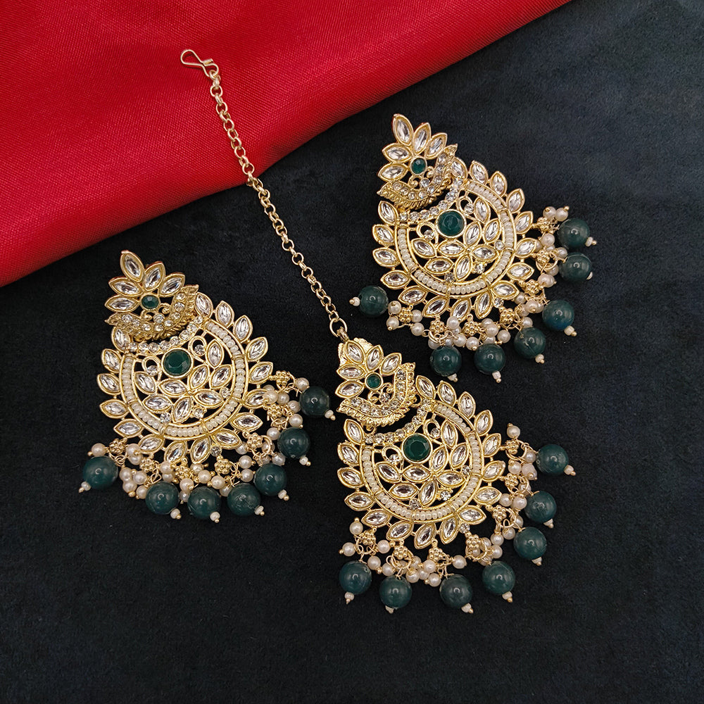 Lucentarts Jewellery Gold Plated Kundan Stone And Beads Dangler Earrings With Maangtikka