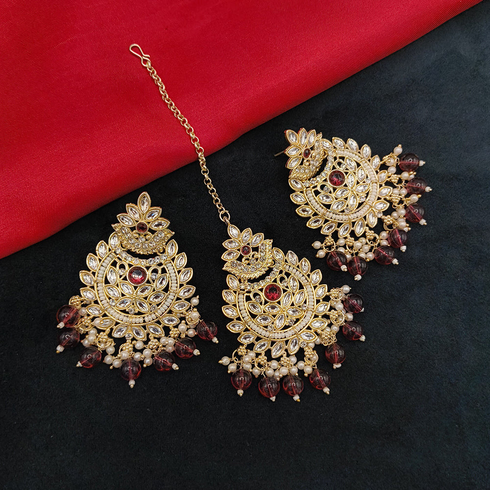 Lucentarts Jewellery Gold Plated Kundan Stone And Beads Dangler Earrings With Maangtikka