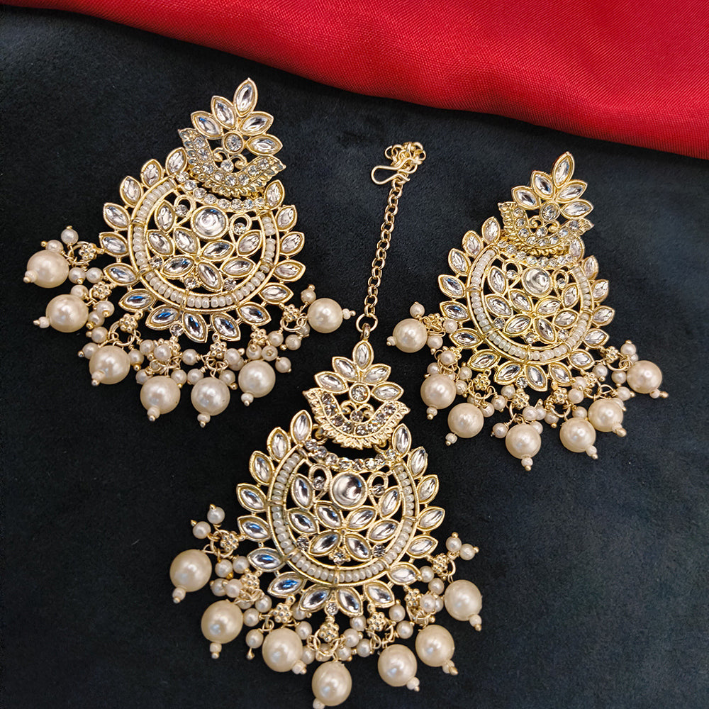 Lucentarts Jewellery Gold Plated Kundan Stone And Beads Dangler Earrings With Maangtikka