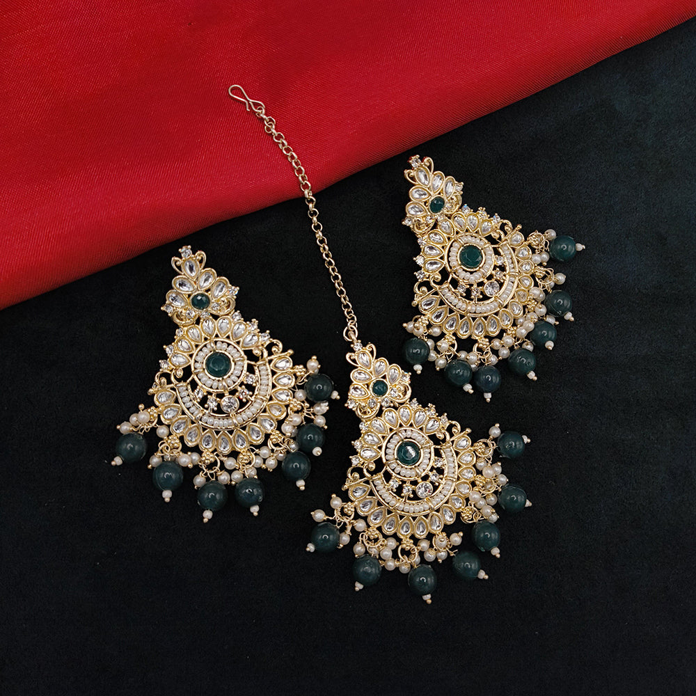 Lucentarts Jewellery Gold Plated Kundan Stone And Beads Dangler Earrings With Maangtikka