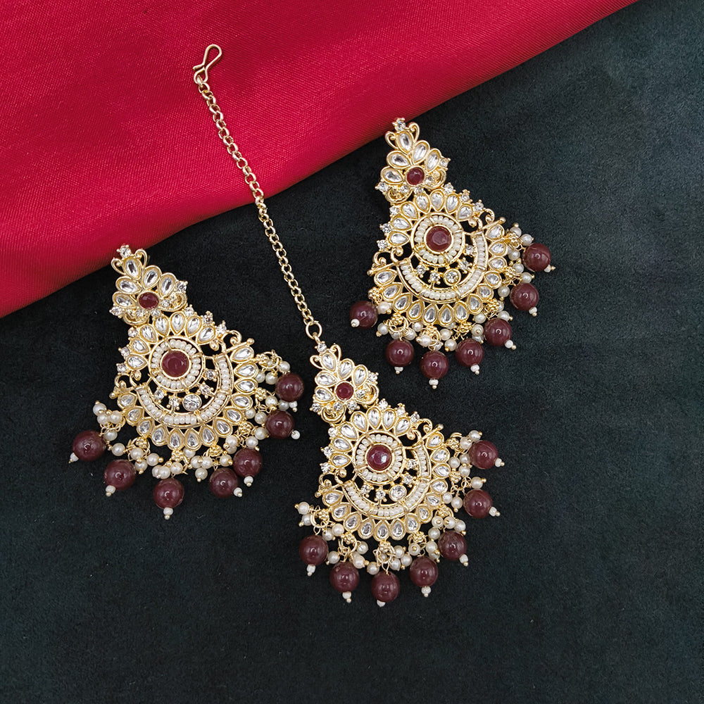 Lucentarts Jewellery Gold Plated Kundan Stone And Beads Dangler Earrings With Maangtikka