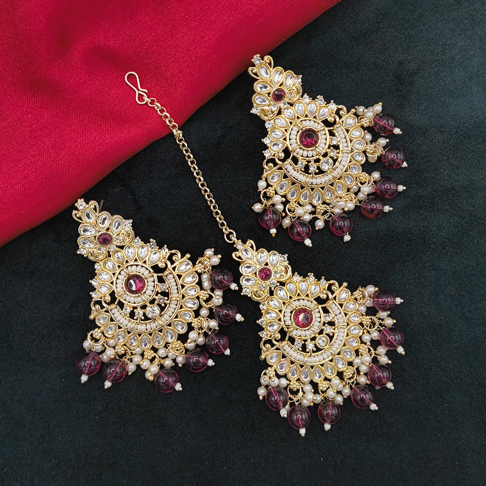 Lucentarts Jewellery Gold Plated Kundan Stone And Beads Dangler Earrings With Maangtikka
