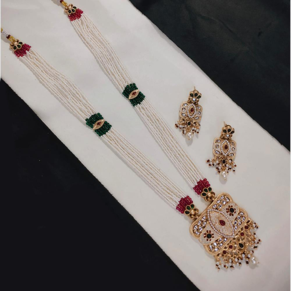 Lucentarts Jewellery Gold Plated Pota Stone And Beads Meenakari Long Necklace Set