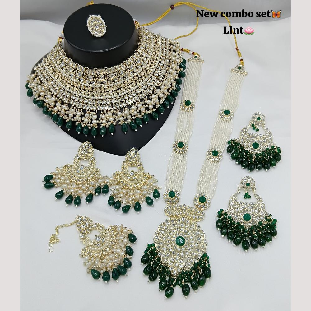 Lucentarts Jewellery Gold Plated Kundan Stone And Beads Double Necklace Set