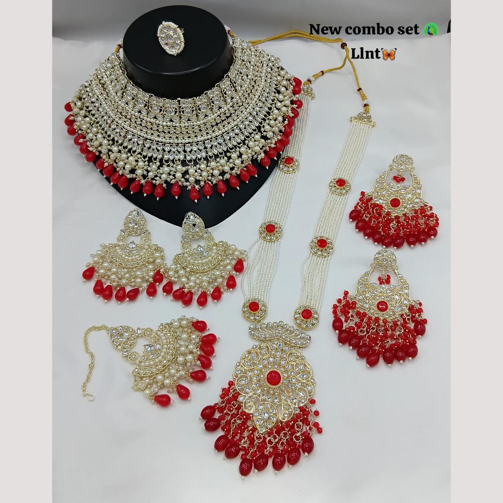Lucentarts Jewellery Gold Plated Kundan Stone And Beads Double Necklace Set