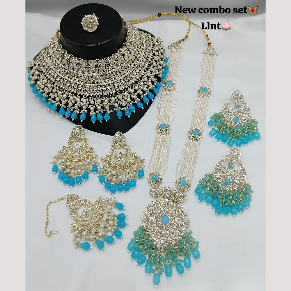 Lucentarts Jewellery Gold Plated Kundan Stone And Beads Double Necklace Set
