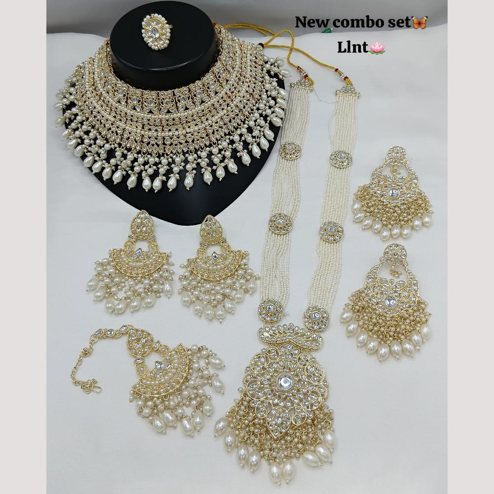 Lucentarts Jewellery Gold Plated Kundan Stone And Beads Double Necklace Set