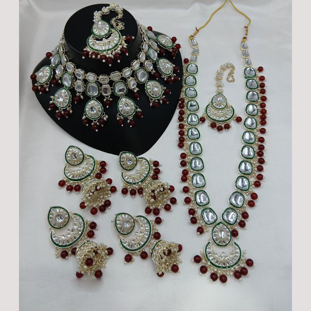 Lucentarts Jewellery Gold Plated Kundan Stone And Beads Double Necklace Set