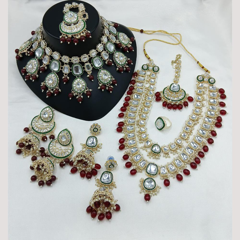 Lucentarts Jewellery Gold Plated Kundan Stone And Beads Double Necklace Set