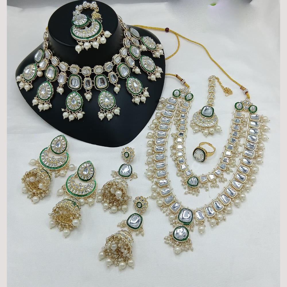 Lucentarts Jewellery Gold Plated Kundan Stone And Beads Double Necklace Set