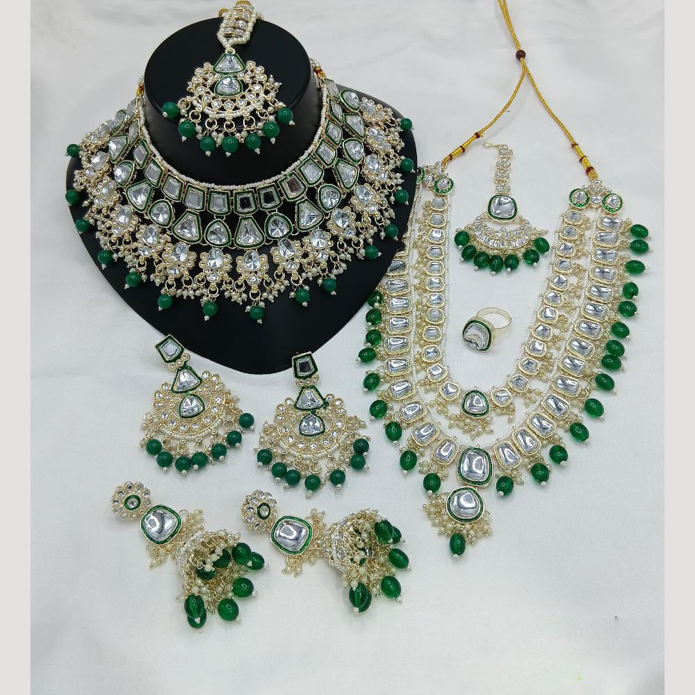 Lucentarts Jewellery Gold Plated Kundan Stone And Beads Double Necklace Set