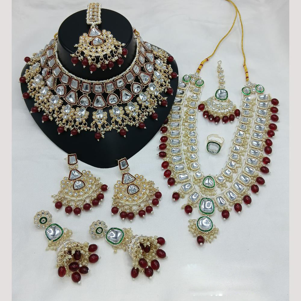 Lucentarts Jewellery Gold Plated Kundan Stone And Beads Double Necklace Set