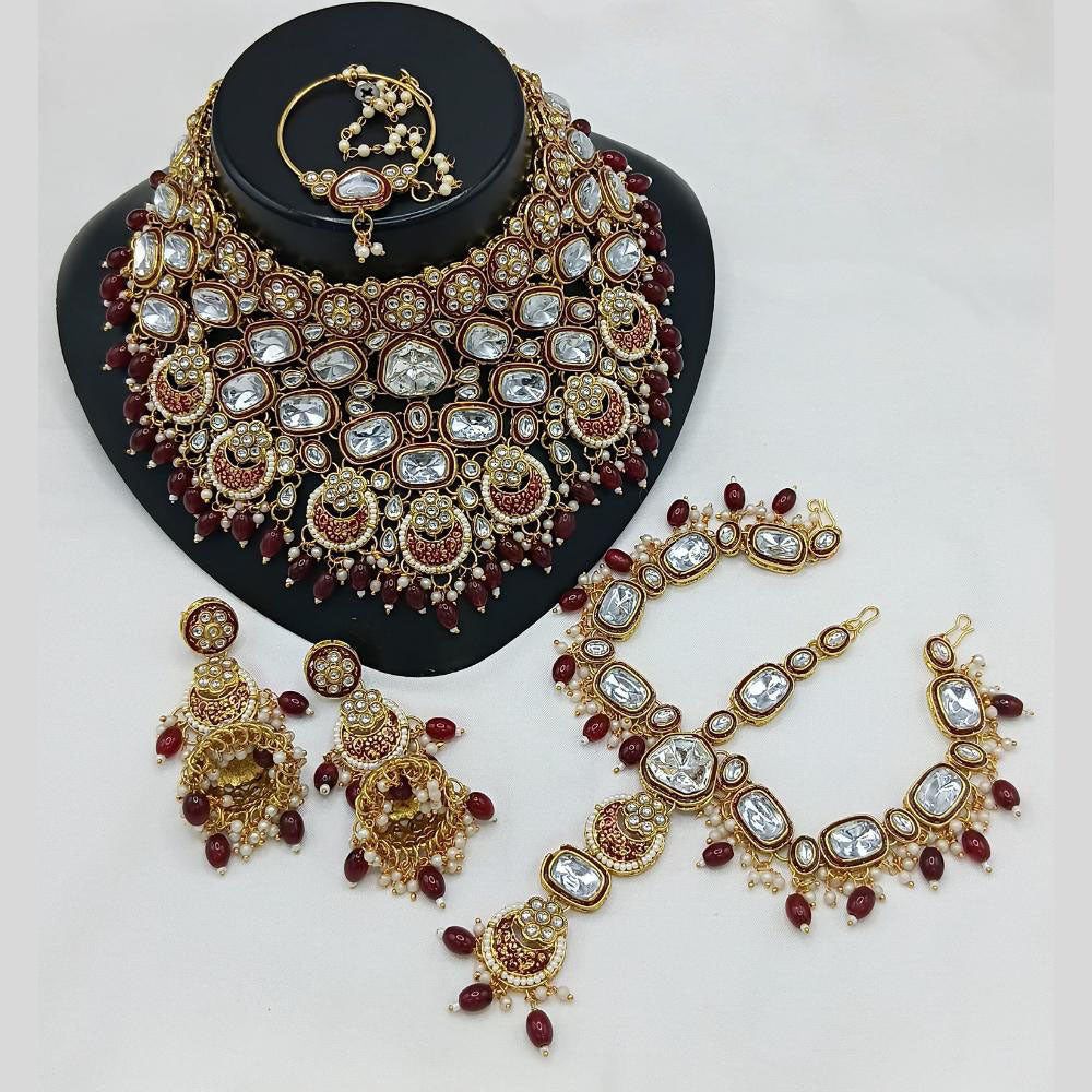 Lucentarts Jewellery Gold Plated Kundan Stone And Beads Semi-Bridal Necklace Set