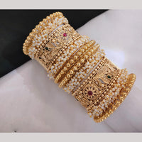 Lucentarts Jewellery Gold Plated Pota Stone And Pearl Openable Bangles Set