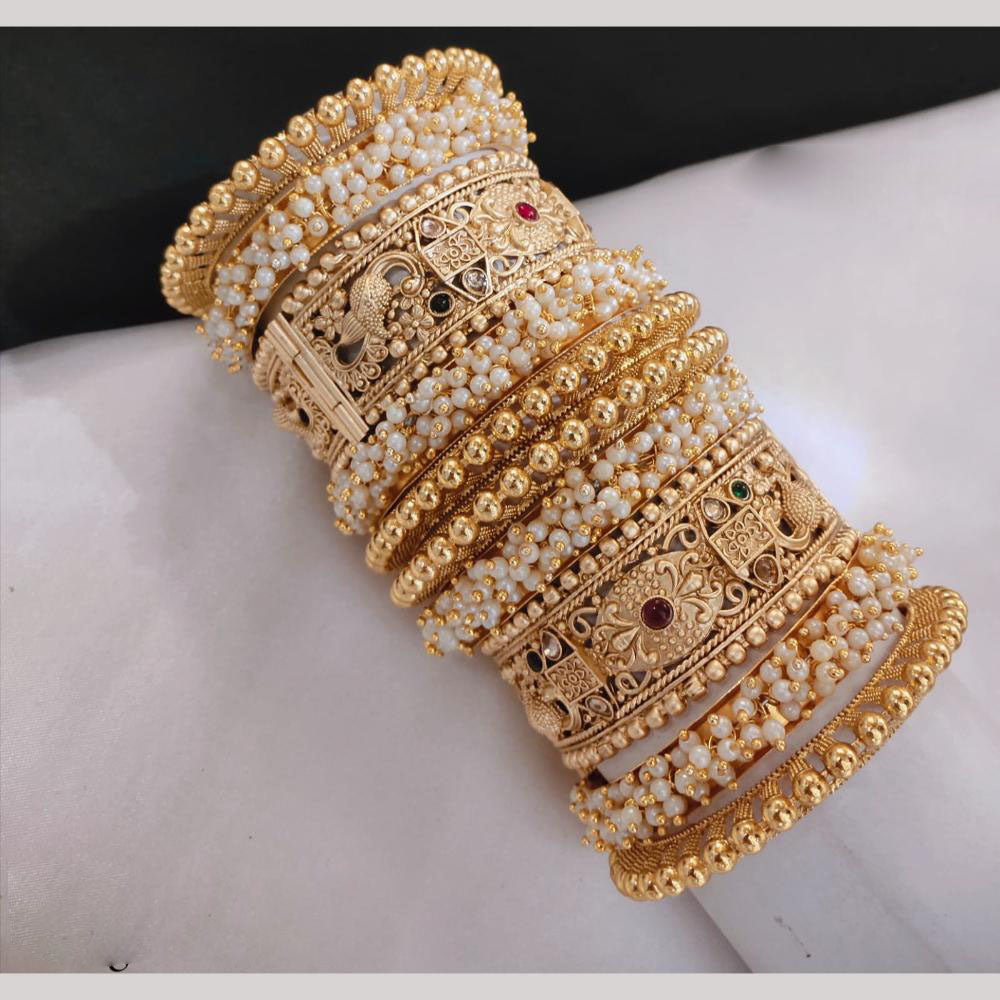 Lucentarts Jewellery Gold Plated Pota Stone And Pearl Openable Bangles Set