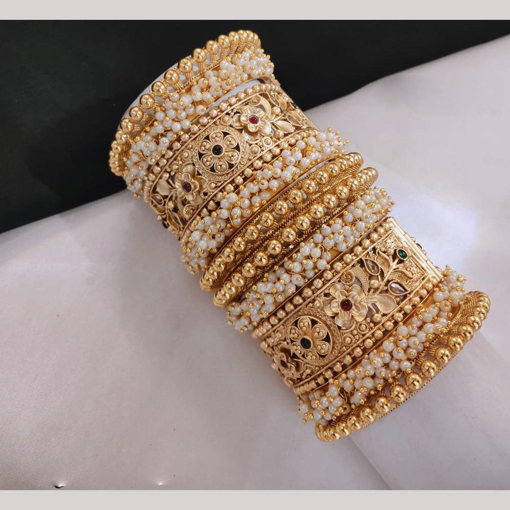 Lucentarts Jewellery Gold Plated Pota Stone And Pearl Openable Bangles Set