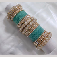 Lucentarts Jewellery Gold Plated Pota Stone And Pearl Velvet Bangles Set