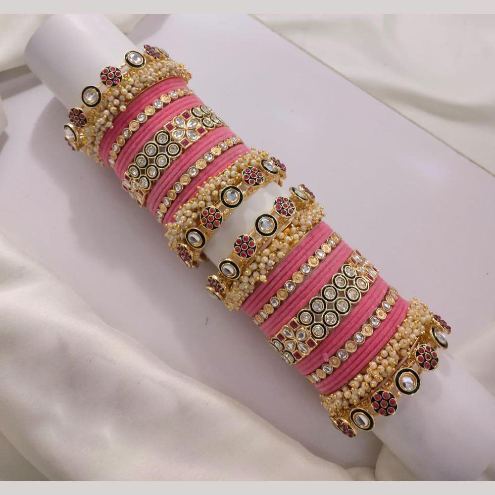 Lucentarts Jewellery Gold Plated Pota Stone And Pearl Velvet Bangles Set