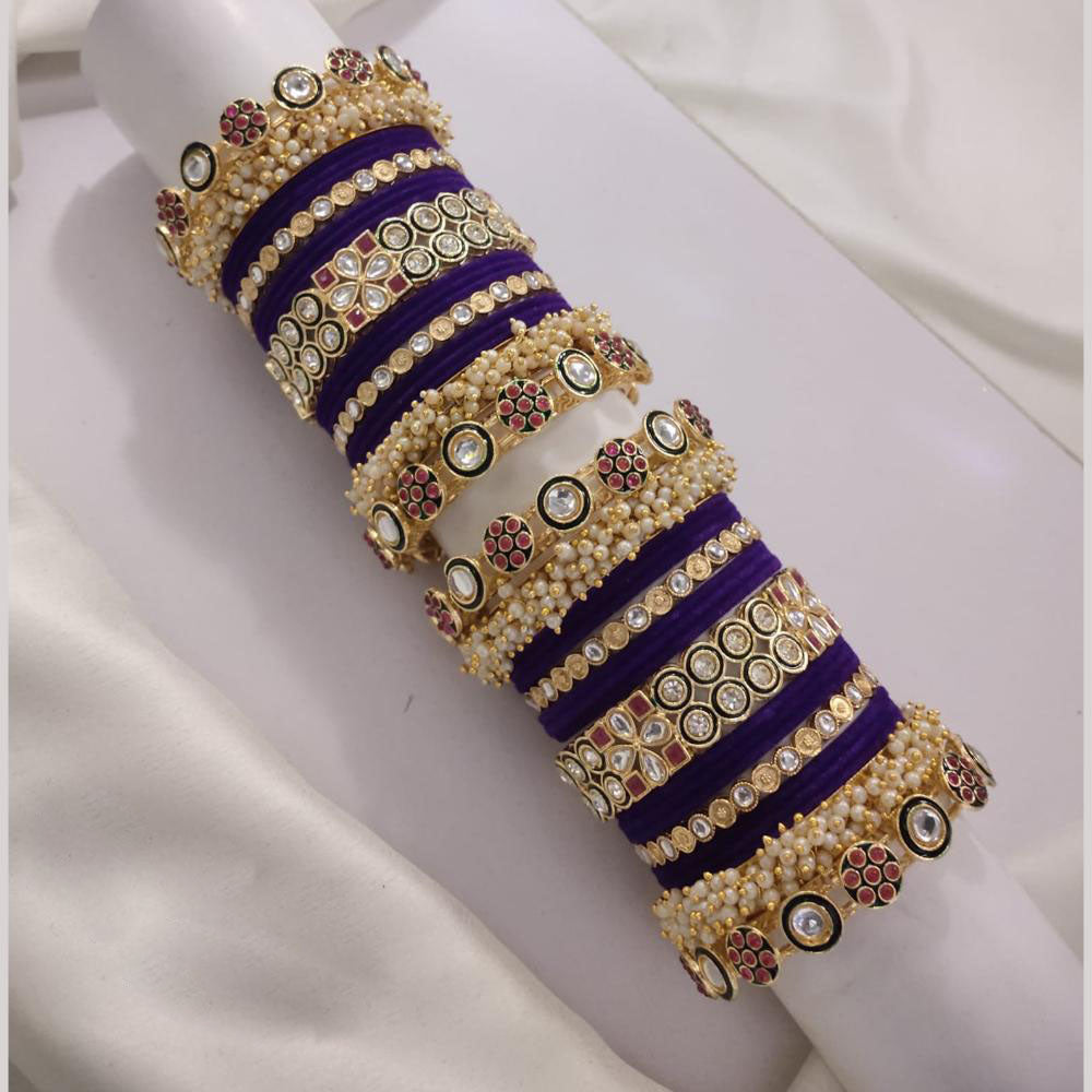 Lucentarts Jewellery Gold Plated Pota Stone And Pearl Velvet Bangles Set