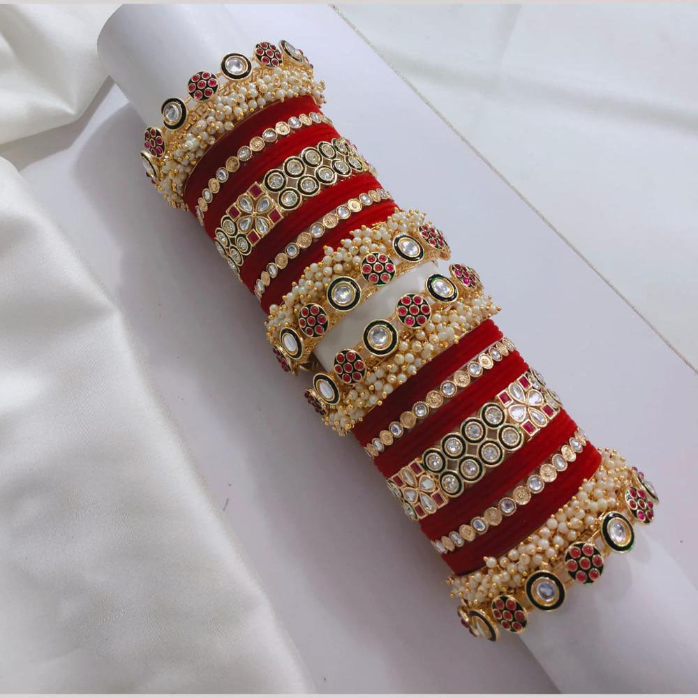 Lucentarts Jewellery Gold Plated Pota Stone And Pearl Velvet Bangles Set