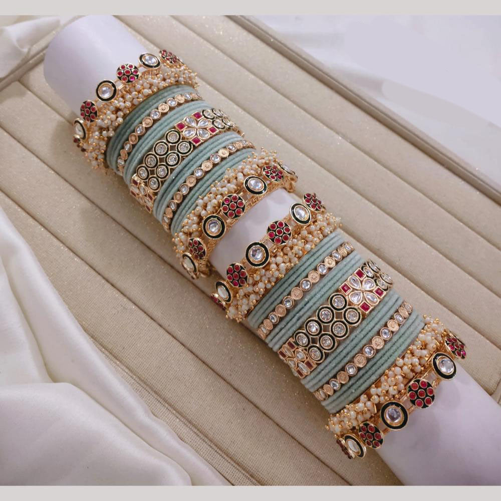 Lucentarts Jewellery Gold Plated Pota Stone And Pearl Velvet Bangles Set