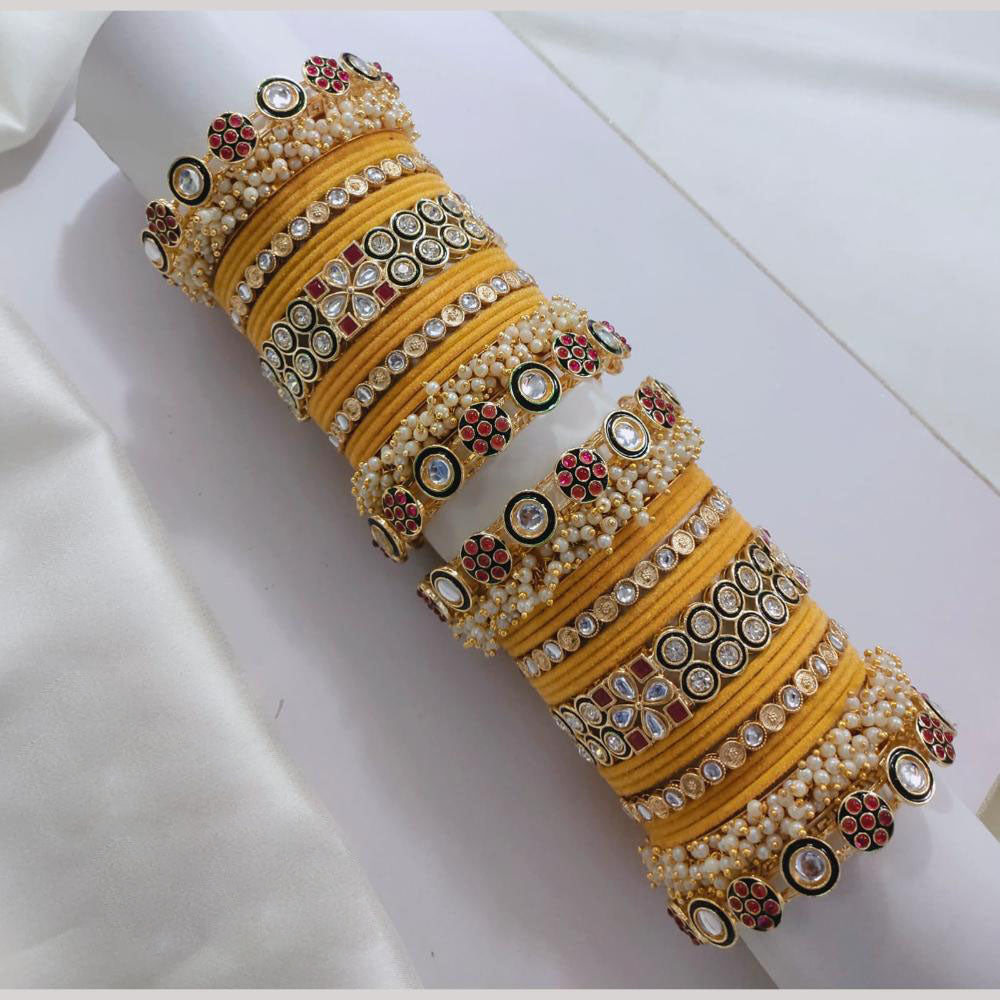Lucentarts Jewellery Gold Plated Pota Stone And Pearl Velvet Bangles Set