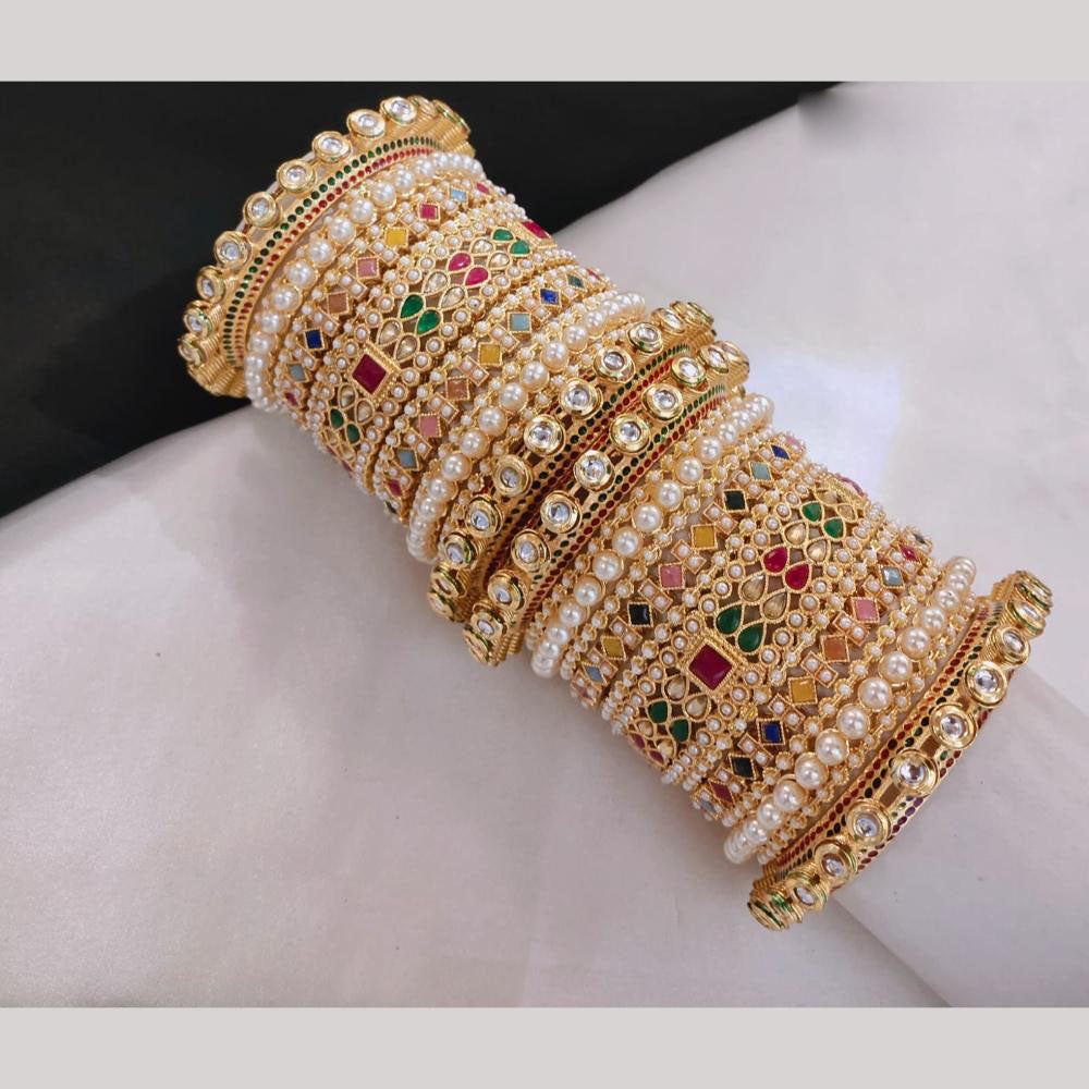 Lucentarts Jewellery Gold Plated Kundan And Crystal Stone Pearl Bangles Set