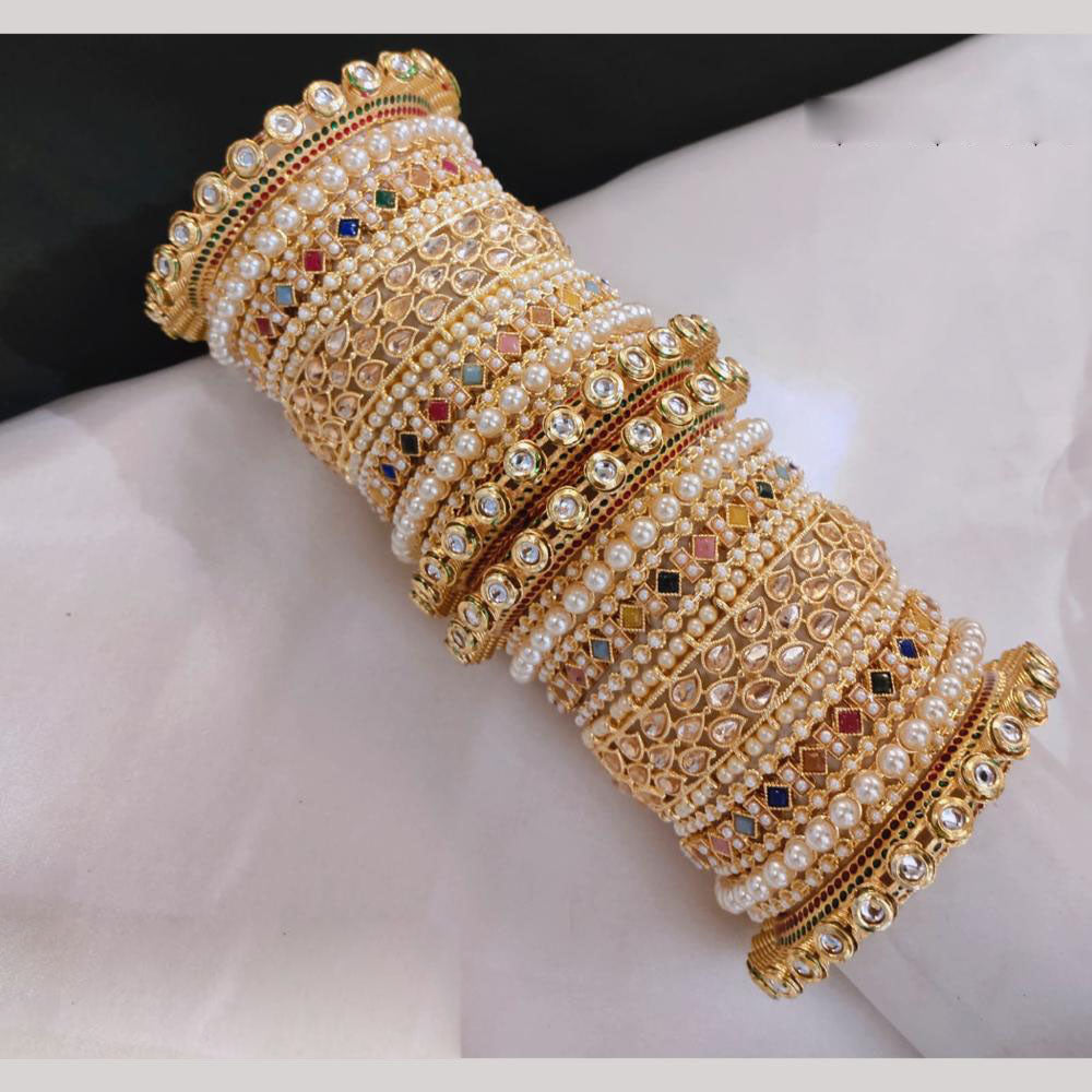 Lucentarts Jewellery Gold Plated Kundan And Crystal Stone Pearl Bangles Set