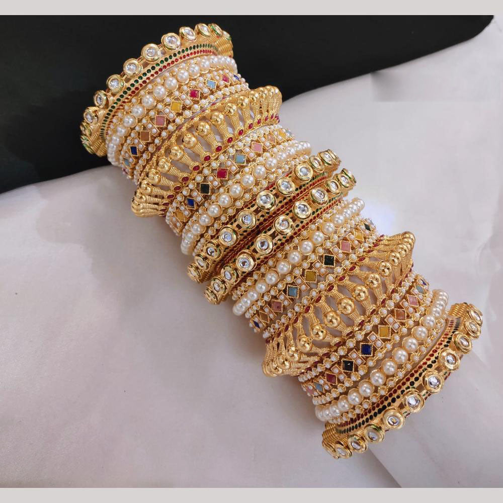 Lucentarts Jewellery Gold Plated Kundan And Crystal Stone Pearl Bangles Set