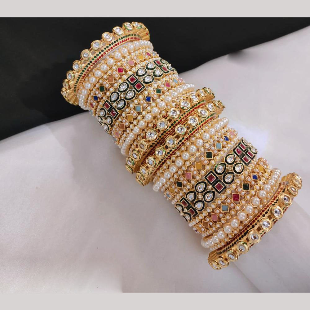 Lucentarts Jewellery Gold Plated Kundan And Crystal Stone Pearl Bangles Set