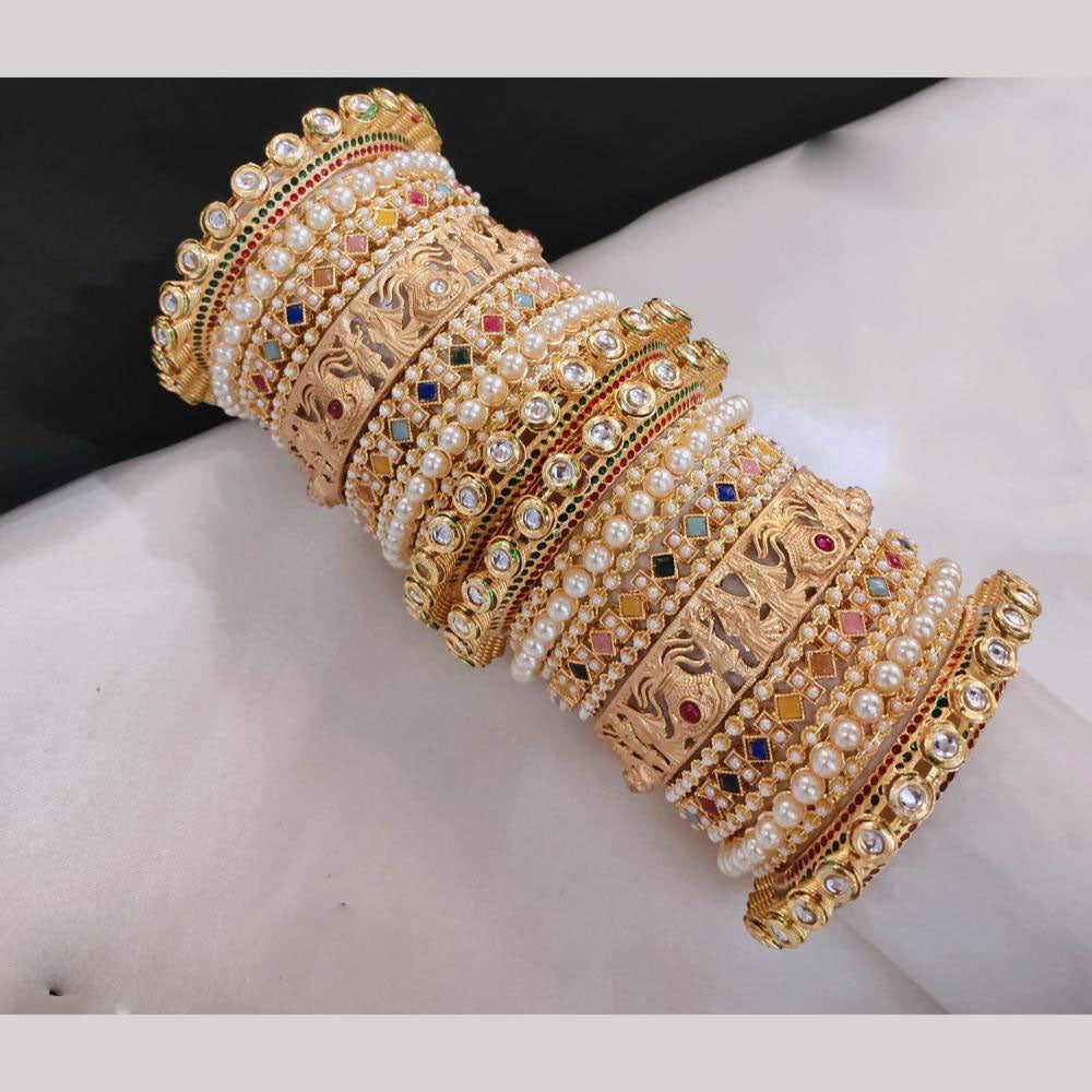 Lucentarts Jewellery Gold Plated Kundan And Crystal Stone Pearl Bangles Set