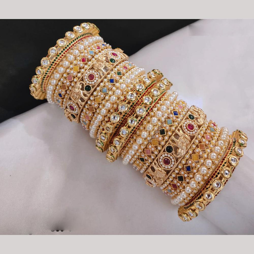 Lucentarts Jewellery Gold Plated Kundan And Crystal Stone Pearl Bangles Set